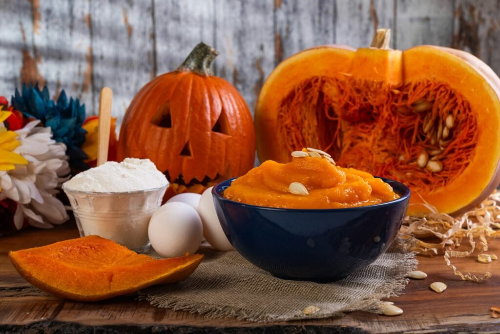 Pumpkin cream on table with fall decorations. Thanksgiving Day.